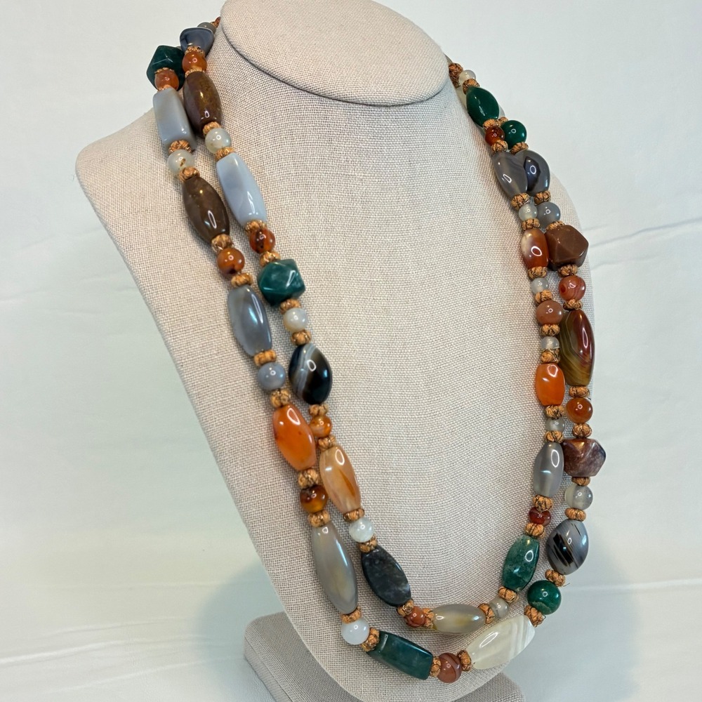 Vintage Necklace Hand Knotted Mixed Gemstone Agate Carnelian Long Strand 50" - Picture 12 of 13